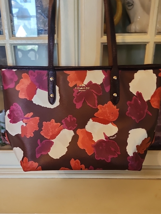 Coach Handbags - Coach Brown Floral Leather Tote with Pink, Orange & White Blossoms